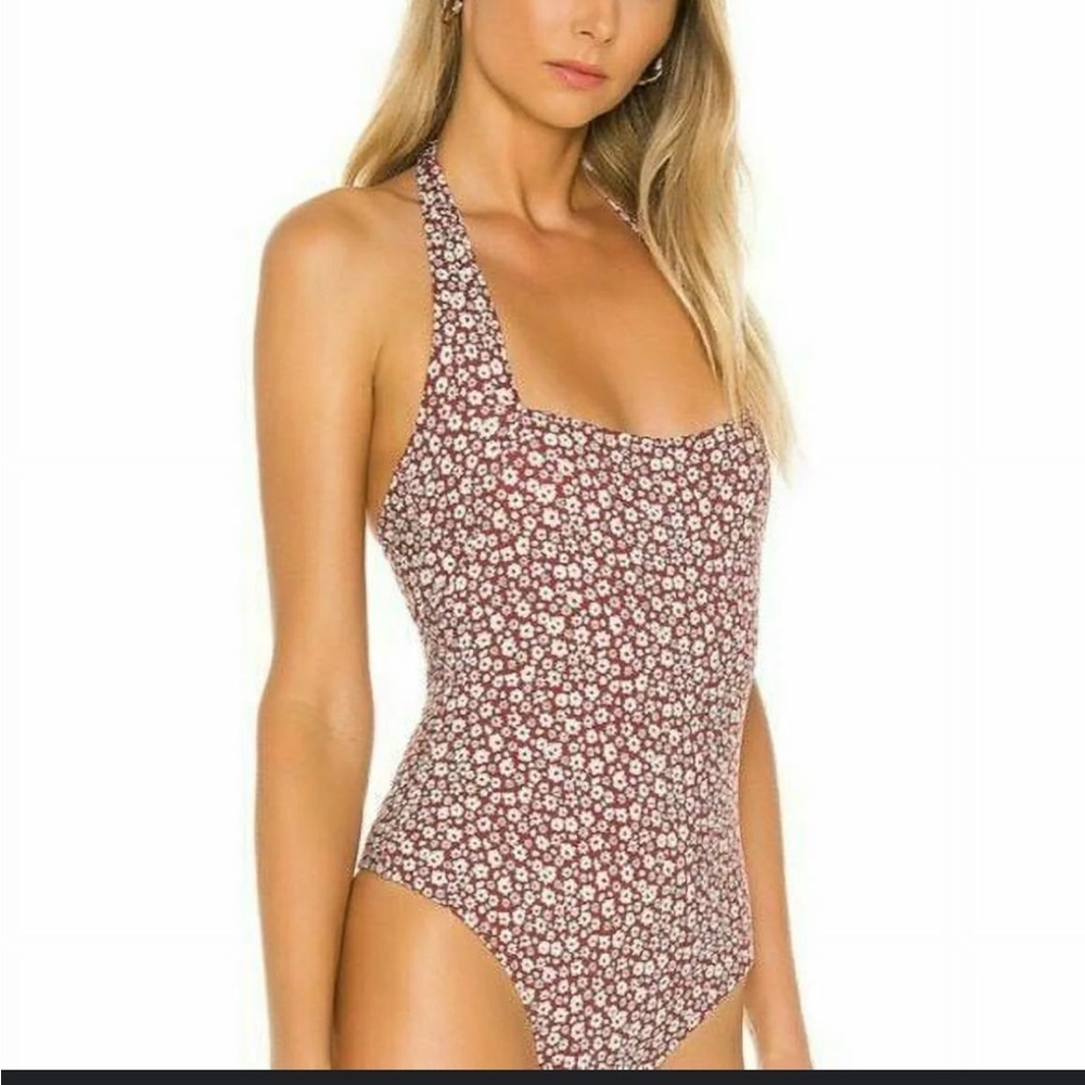 Free People Talk Back Halter Bodysuit Brown Floral M